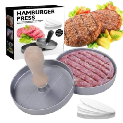 SMASH-BURGER-PRESSE Burgerpresse mit Antihaftbeschichtung + 100 Blatt Papier
